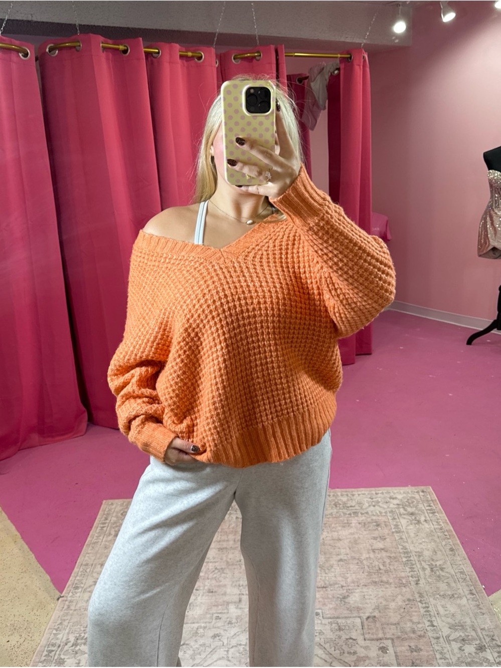 American Eagle Outfitters Orange Off-the-Shoulder Waffle Knit Sweater